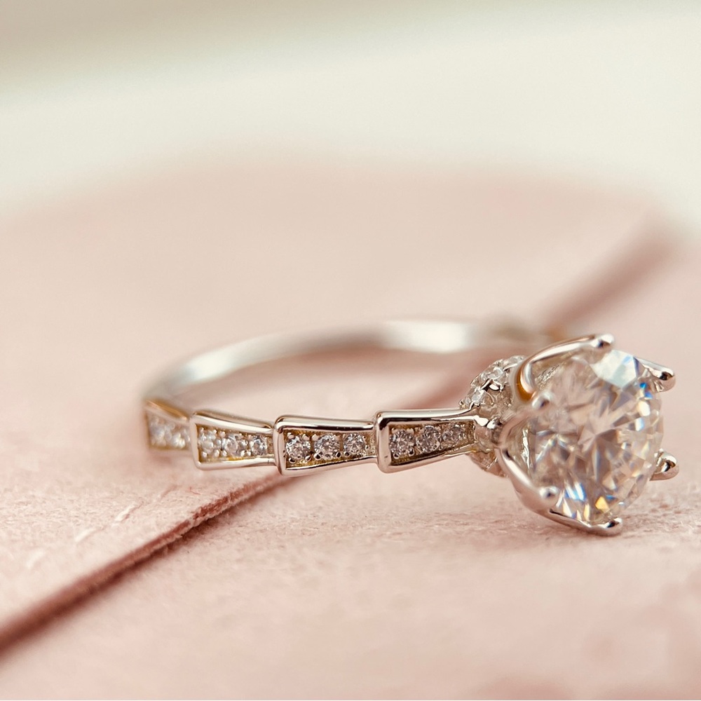 Solitaire Hidden Halo Paved Band Engagement Ring S925 Moissanite 18k Gold Plated - Picture 4 of 7